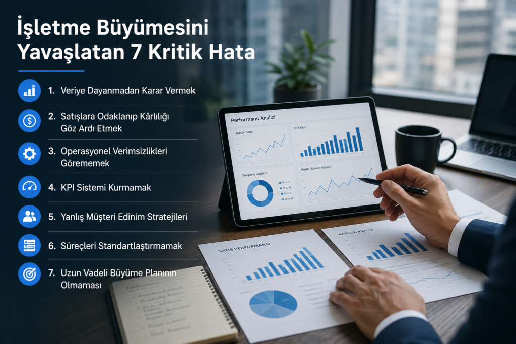 İşletme Büyümesini Yavaşlatan 7 Kritik Hata İşletme büyümesini etkileyen performans göstergelerinin analiz edildiği yönetim toplantısı